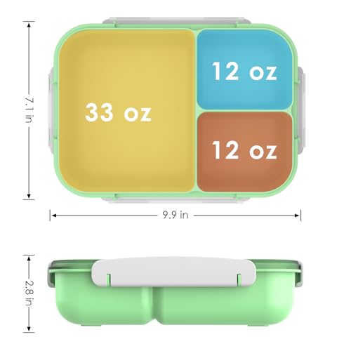WHALEHOUSE Large Capacity Bento Box for Adult, 1700ML 3 Compartments Lunch Box with Utensil, Airtight Food Container with Lids for Meal Prep, Microwave/Dishwasher/Freezer Safe, On the Go (Green) - color: 1700mL-Green