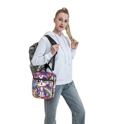 Cute Cat Lunch Box for Kids Aldults, Colorful Cartoon Reusable Thermal Insulation Cooler Tote Bags, Rainbow Star Big Eye Kitten Insulated Bag for Student, School Picnic Camping Travel, Gifts - color: Cat01