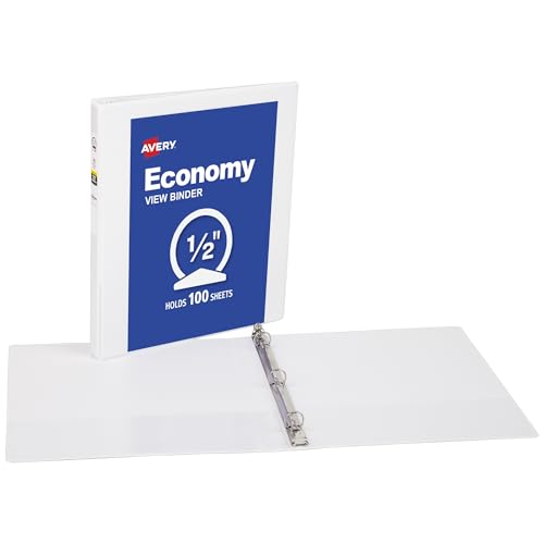 Avery Standard View 3 Ring Binder, 0.5" Round Rings, 100-Sheet Capacity, 0.7 Inch Wide Spine, 4 White Binders, Ideal for Lightweight Organization and Occasional Referencing (07792) - size: 0.5"