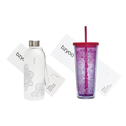 bzyoo 32 OZ 1 Liter Time Marker Water Bottle Frosted Durable Plastic With Strap&24oz (710ml) Double Wall Plastic Tumbler with Lid and Straw
