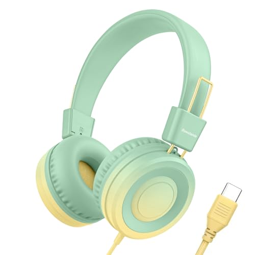 Bywulanda USB Type C Kids Headphone for School, 94dB Safe Volume Limited, Foldable Stereo Sound Tangle-Free Type C Cord, On-Ear Headphones for Boys/Girls/Students/Tablet/Travel(Gradient Green) - color: Yellow Green Gradien