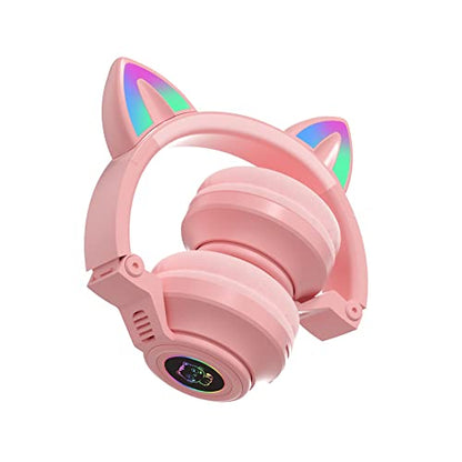 Cat Ear Bluetooth Headphones for Kids & Adults, Wireless Foldable & Wired Multi-Function LED Light Up Over Ear Headphones with Mic and Volume Control for iPhone/iPad/Laptop/PC (Pink 2) - color: Pink 2