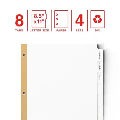 Staples Write & Erase Paper Dividers, 8‑Tabs, White – 4 Sets - size: 8-Tab, style: White