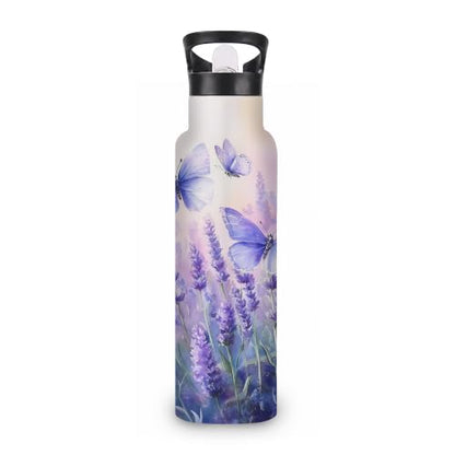 Water Bottles with Straw,Purple Butterfly Stainless Steel Cup Leak Resistant Double Wall Lavender Insulated Water Bottle with Handle for Gym Cycling Hiking Office 20 oz - color: Purple Butterfly,Lavender