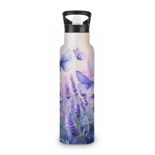 Water Bottles with Straw,Purple Butterfly Stainless Steel Cup Leak Resistant Double Wall Lavender Insulated Water Bottle with Handle for Gym Cycling Hiking Office 20 oz - color: Purple Butterfly,Lavender