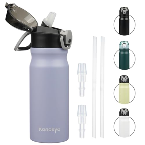 Konokyo 18 oz Insulated Stainless Steel Sports Water Bottle with Straw Lid | BPA-free, leak-proof reusable sports bottle with carry loop for gym, office, hiking, camping, travel & hydration - color: Light Purple, size: 18 Ounces