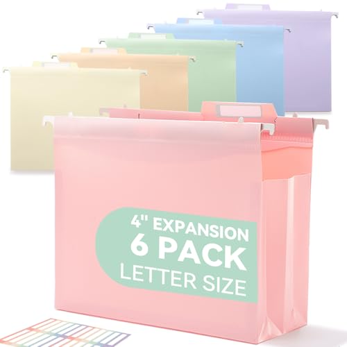 SortRax Plastic High Capacity Hanging File Folders, 4" Expansion for Bulky Documents, Side-Sealed Pocket, Holds Heavy Files, Letter Size, Movable Dividers, Insertable Tabs, 6 Pack, Pastel Colors - color: Pastel