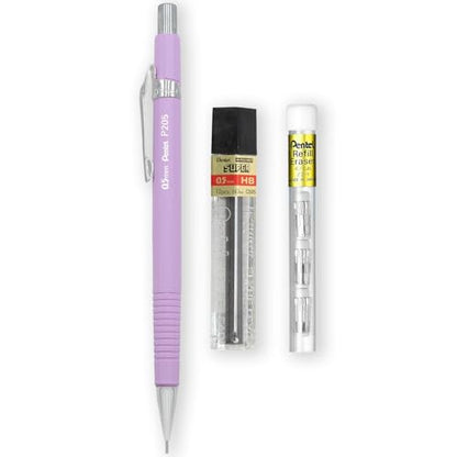 Pentel P205-97C Mechanical Automatic Pencil - Pastel Floral Range - Single + 12 Hi-Polymer HB 0.5mm Refill Leads + Z2-1N Eraser Refills Tube of 4 (Pastel Purple) - color: Pastel Purple