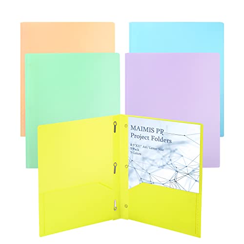 Plastic File Folders with Pockets - (5 Pack, Assorted Colors) Heavy Duty 3 Hole Two Pocket Folder with Pockets 3 Prong Folders A4 Letter Size Colored Plastic Folders for School Office Home - color: A