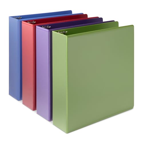 Amazon Basics 3 Ring Binder, 2 inch Round Rings, Holds 375 Sheets, Two Interior Pockets, Assorted Colors, 4-Pack - size: 2"