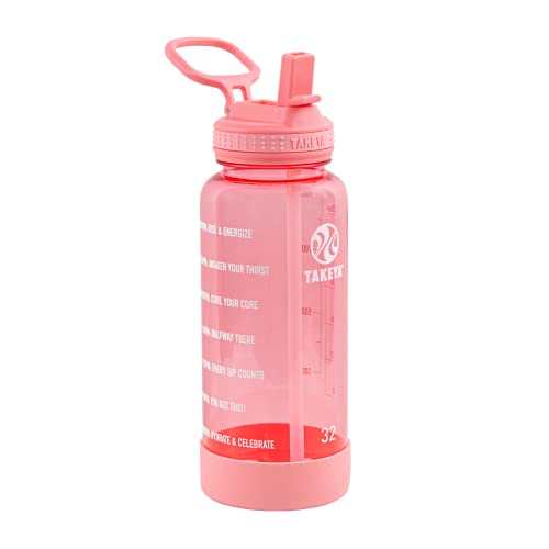 Takeya Motivational Water Bottle with Straw Lid and Time Marker (32 oz, Flutter Pink) - Leakproof, BPA Free Water Bottle for Daily Intake Tracking - color: Flutter Pink, size: 32 Ounces