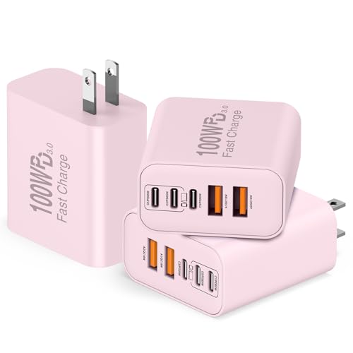 QZIIW USB C Wall Fast Charger Block, 100W 5-Port Type C Fast Charging Block 3 Pack-PD Power Charger Adapter QC 3.0 USB Multiport Charger Brick for iPhone 17 16, Samsung Series MacBook/Air, iPad, etc. - color: Pink