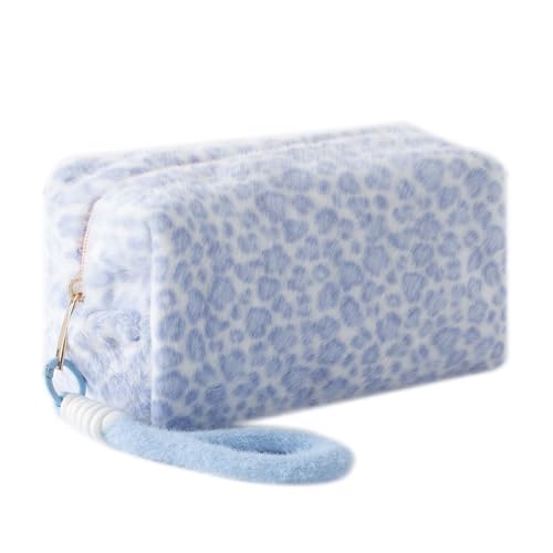 Leopard Print Plush Pencil Case with Wrist Strap Large Capacity Fluffy Pen Pouch for Students Cute Stationery Organizer Bag for School Portable Makeup Cosmetic Bag (Blue) - color: Blue