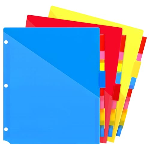 WOT I Plastic 8-Tab Dividers with Two Pockets - 3 Sets, Multicolor Dividers with Pockets for Binders, 24PCS Tab Dividers Assorted Colors - color: Translucent Blue,pink,red,yellow - Double-side Pockets, size: 24 Tabs