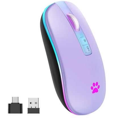 KARFUN Wireless Mouse, Backlit LED Portable Slim Computer Mouses for Laptop, PC, Computer, MacBook, iPad, Chromebook, Notebook, 2.4G Rechargeable Wireless Mouse (Light Purple)