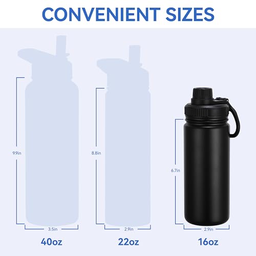 DOMICARE 16 oz Kids Water Bottle for School Stainless Steel Double Wall Vacuum Insulated Water Bottle with Straw lids & Spout Lid, Leakproof BPA Free （Black,4） - color: Black, size: 16oz/4 Pack