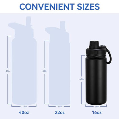 DOMICARE 16 oz Kids Water Bottle for School Stainless Steel Double Wall Vacuum Insulated Water Bottle with Straw lids & Spout Lid, Leakproof BPA Free （Black,8) - color: Black, size: 16oz/8 Pack