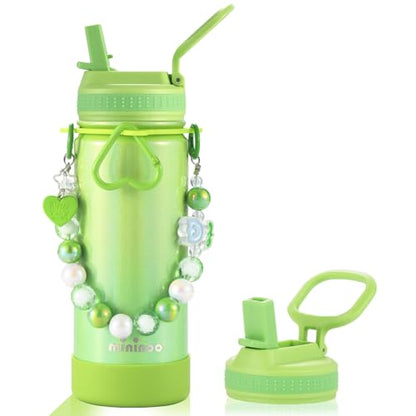 Mininoo Kids Water Bottle for School - 16 oz Stainless Steel Insulated Water Bottle with Ceramic-Lined, Leakproof Straw Lid & Beaded Handle for Girls & Boys - color: Sparkle Lemon