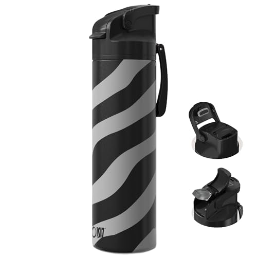 OISIZ Insulated Water Bottle 24 oz with 2 in 1 Spout and Straw Lid,One Click Safety Lock,100% Leakproof,Keep Cold 24H,Vacuum Stainless Steel Water Bottle for School,Travel and Sports,Dishwasher Safe - color: Zebra, size: 24 Ounces