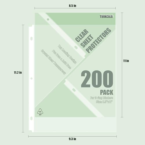 200 Pack Clear Sheet Protectors for 3 Ring Binder, Polypropylene Acid-Free Material, 8.5 x 11 Inch Letter Size, Protector of Your Documents