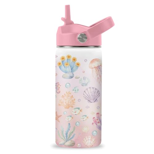 Hiboss Ocean Gifts for Kids, 16oz Pink Girls Water Bottle with Straw Lid, Stainless Steel Insulated Beach Cup Tumbler, Marine Life Lovers Birthday Gifts for School Sport Travel - color: Ocean
