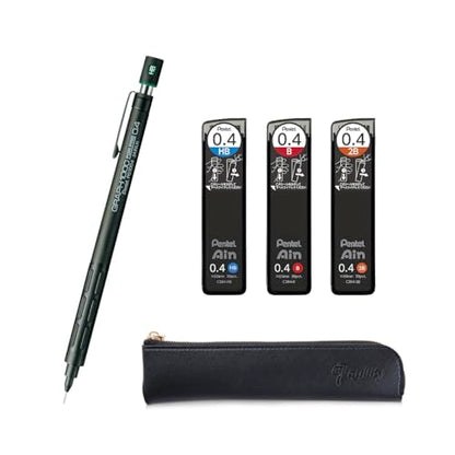 Graph 1000 for Pro Mechanical Drafting Pencil + Ain HB/B/2B leads, original Black slim pen case (0.4) - size: 0.4 mm