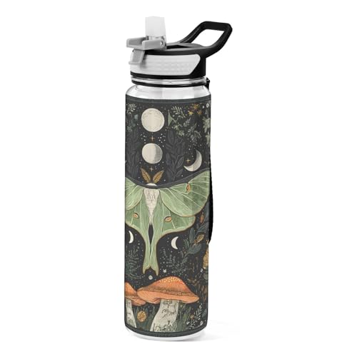 ALAZA Green Moth Forest Floral Water Bottle with Straw,Leakproof Tritan Clear Sports Water Bottle Moth Kids Water Bottle for School Outdoor Sports Drinking,32 oz - color: Green Moth Forest Floral, size: Large