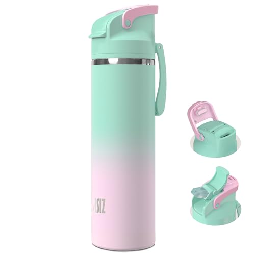 OISIZ Insulated Water Bottle 24 oz with 2 in 1 Spout and Straw Lid,One Click Safety Lock,100% Leakproof,Keep Cold 24H,Vacuum Stainless Steel Water Bottle for School,Travel and Sports,Dishwasher Safe - color: peach blossoms, size: 24 Ounces