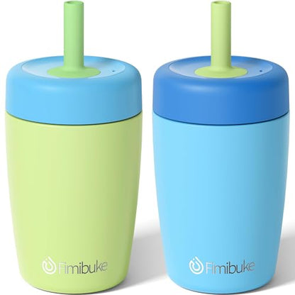 Fimibuke Kids & Toddler Cups Spill Proof, 12 OZ Insulated Sippy Cups for Toddlers Boys Girls, BPA-Free Toddler Straw Tumbler, Stainless Steel Kids Water Bottle with Twist Lids & Silicone Straw, 2 Pack - color: Green & Blue
