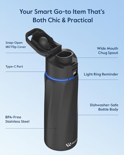 WaterH BOOST Smart Water Bottle Tracker with Reminder to Drink Water, 24oz | BPA-Free Double Wall Vacuum Insulated Stainless Steel, Leakproof, Smart App Tracking, Fits Cup Holders, Wide Mouth for School - color: Black, size: 24 Ounces