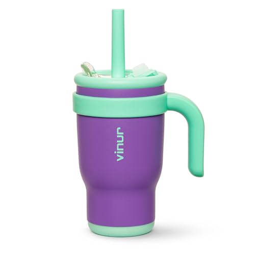 VINUR Kids Tumbler with with Lid and Straw -14 oz Stainless Steel Vacuum Insulated Tumbler Travel Mug with Handle & Silicone Base-Gifts for Girls, Purple - color: Purple, size: 14 Ounces