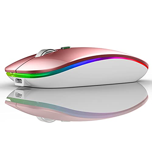 Uiosmuph LED Wireless Mouse, G12 Slim Rechargeable Silent Mouse, 2.4G Portable USB Optical Wireless Computer Mice with USB Receiver and Type C Adapter (Rose Gold) - color: Rose Gold