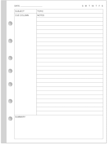 Cornell Notes Filler Paper for 3/7 Mini Binders - 50 Sheets/100 Pages Note Taking Loose Leaf Paper, 100 gsm, 5.8" x 8.3" - size: 1-Pack, style: 7-Hole/Desk Size 4
