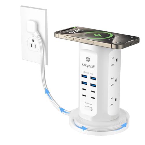Power Strip Tower, kakyanill Surge Protector Tower 9 AC Outlets 8 USB (4 USB C), 6 Ft Retractable Extension Cord, Charging Station for Office Dorm Room, White - color: White, size: 24W