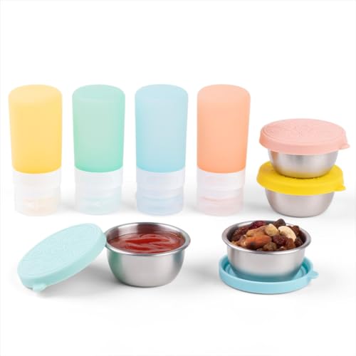 MICEBAY 8-Pack Salad Dressing Container To Go, 2-oz Silicone Small Condiment Squeeze Bottles and 1.6 oz Stainless Steel Sauce Containers Cups, Leakproof Condiment Containers with Lids for Lunch Box - color: Candies, size: 2-oz