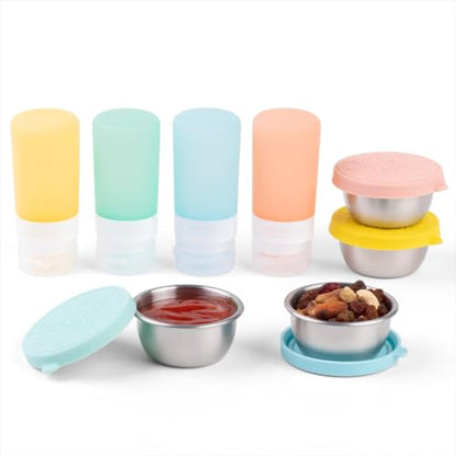 MICEBAY 8-Pack Salad Dressing Container To Go, 2-oz Silicone Small Condiment Squeeze Bottles and 1.6 oz Stainless Steel Sauce Containers Cups, Leakproof Condiment Containers with Lids for Lunch Box - color: Candies, size: 2-oz