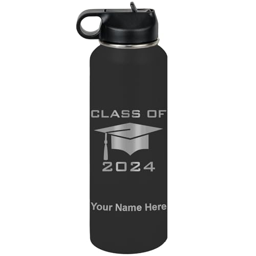 LaserGram Personalized Water Bottle, Grad Cap Class of 2023, 2024, 2025, 2026, 2027, Stainless Steel Double Wall Vacuum Insulated with Flip Top Straw, Custom Engraved Gift (40oz / 1180ml Black) - color: Black, size: 40 Ounces