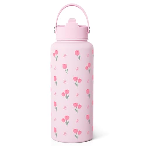 SANDJEST Floral Water Bottle 32oz Stainless Steel with Lid, Tulip Insulated Bottles for Women Girls, Gifts Ideas for Birthday Christmas - color: Floral 1
