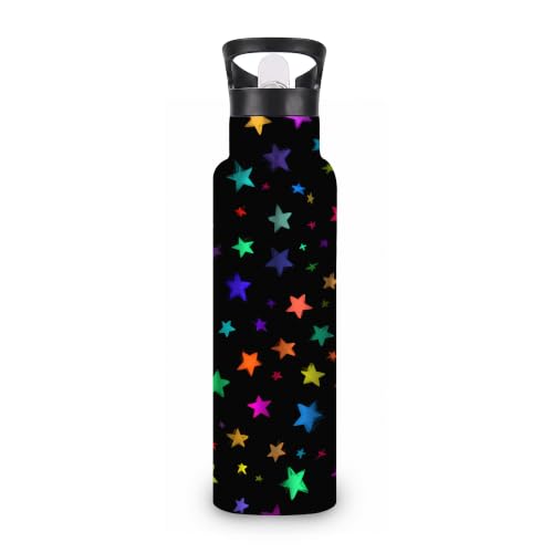 Water Bottles with Straw,Colorful Stars Stainless Steel Cup Leak Resistant Double Wall Black Background Insulated Water Bottle with Handle for Gym Cycling Hiking Office 20 oz - color: Colorful Stars,Black Background