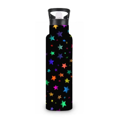 Water Bottles with Straw,Colorful Stars Stainless Steel Cup Leak Resistant Double Wall Black Background Insulated Water Bottle with Handle for Gym Cycling Hiking Office 20 oz - color: Colorful Stars,Black Background