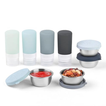 MICEBAY 8-Pack Salad Dressing Container To Go, 2-oz Silicone Small Condiment Squeeze Bottles and 1.6 oz Stainless Steel Sauce Containers Cups, Leakproof Condiment Containers with Lids for Lunch Box - color: Gray, size: 2-oz