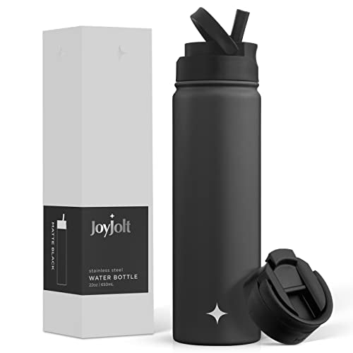 JoyJolt Triple Insulated Water Bottle with Straw Lid AND Flip Lid! 22oz Water Bottle, 12 Hour Hot/Cold Vacuum Insulated Stainless Steel Water Bottle. BPA-Free Leakproof Water Bottles - Thermos Bottle - color: Matte Black, size: 22 Ounces