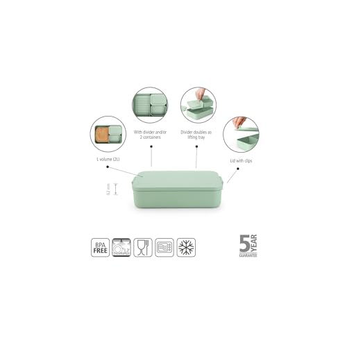 Brabantia Make & Take Bento Lunch Box (Jade Green) 2 Compartments & Lidded Pot, Lift-Out Tray Divider, BPA-Free, Airtight Snap Locks, Microwave & Freezer Safe, Travel Meal Prep Container, 68oz - color: Jade Green, style: Bento Lunch Box