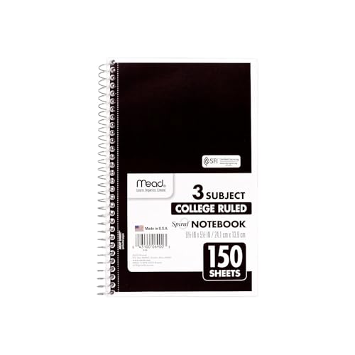 Mead 3-Subject Notebooks, 5.5" x 9.5", College Ruled, 150 Sheets, Assorted Colors, 12/Carton