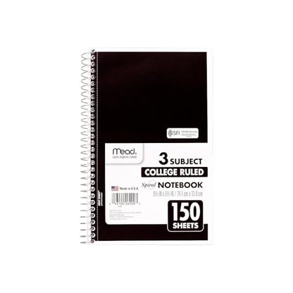 Mead 3-Subject Notebooks, 5.5" x 9.5", College Ruled, 150 Sheets, Assorted Colors, 12/Carton