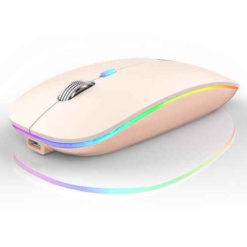 Uiosmuph LED Wireless Mouse, G12 Slim Rechargeable Silent Mouse, 2.4G Portable USB Optical Wireless Computer Mice with USB Receiver and Type C Adapter (Nude Pink) - color: Nude Pink