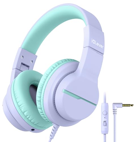iClever HS19 Kids Headphones for School with Microphone, Safe Volume Limiter 74/85dBA, Over-Ear Girls Boys Headphones for Kids with FunShare Foldable Wired for iPad/Travel (Purple) - color: Purple