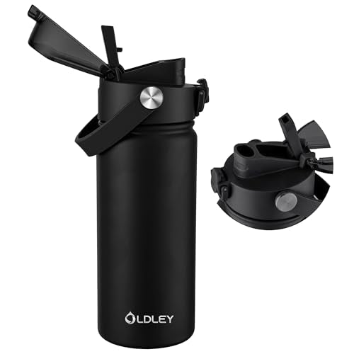 OLDLEY 18oz Insulated Water Bottle with 2-in-1 Straw & Chug Lid, Leakproof Stainless Steel Bottle, Cup Holder Friendly Vacuum Water Bottle for Travel, and School,Black - color: Black