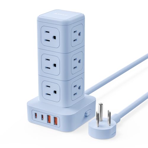 ORICO Power Strip Tower with Multiple Outlets, Tower Extension Cord with 12 AC Outlets 4 USB Ports (2 USB C), Space Saving Design, 5FT Cord Power Tower for Home, Office, Dorm - TPP20 - color: Blue, size: 5FT