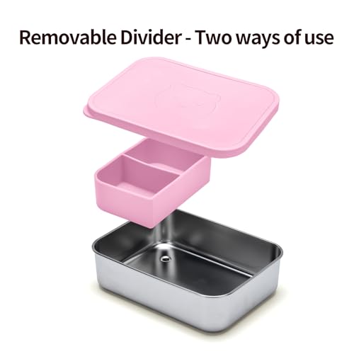 Stainless Steel Bento Box for Kids Adults, Toddler Lunch Box Containers with Silicone Lid,Removable 3 Compartment Design,Leakproof Snack Container, BPA Free, Dishwasher Safe-(1200ml,Pink) - color: Pink